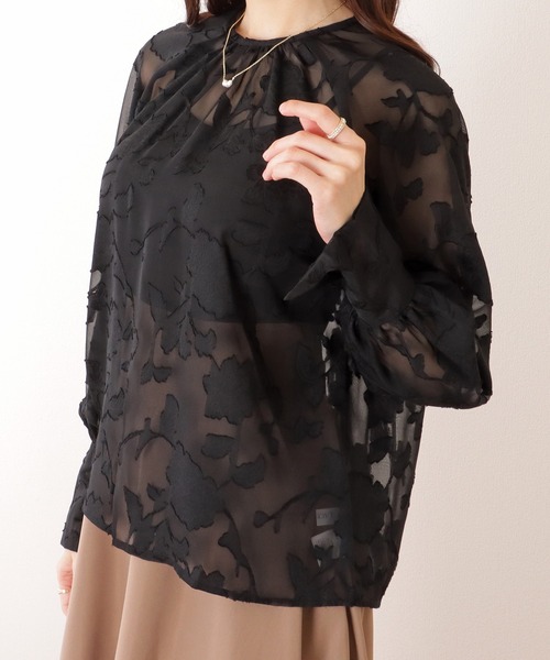 Lace Ladies(レースレディース)の「ボタニカル柄 キャンディスリーブ クルーネック シアー ブラウス(シャツ/ブラウス・レディース・ブラック/ブルーグレー/ホワイト/ブラウン・FREE)」の21枚目の写真