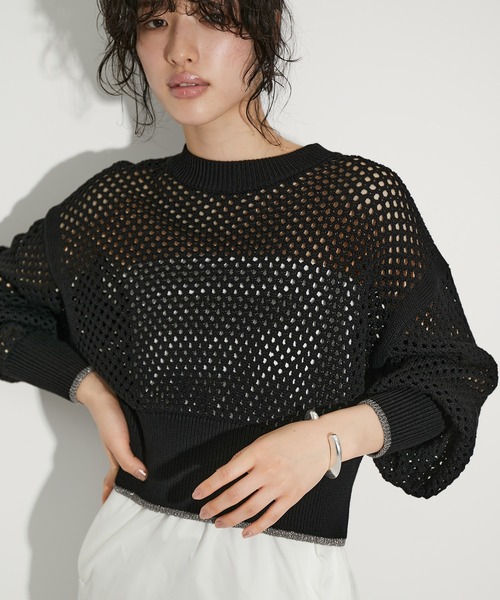 ADAM ET ROPE'（アダムエロペ）の「GIMA加工コットンアイレットニット（ニット/セーター・レディース・ブラック/ホワイト/ミント・FREE）」の2枚目の写真