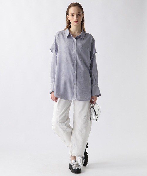 OUR ストライプシャツ　ブラウス スリットストライプシャツ（シャツ/ブラウス）｜FOREVER 21
