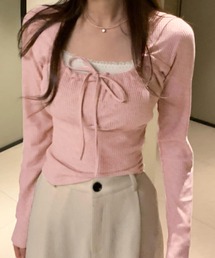紐ギャザー長袖Tシャツ ギャザーリボン　ガーリーリブカットソー