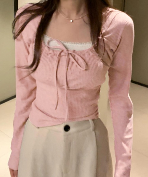 MAISON DE THERESE（メゾン ド テレーズ）の「紐ギャザー長袖Tシャツ ギャザーリボン　ガーリーリブカットソー（Tシャツ/カットソー・レディース・ベージュ/ピンク/ホワイト/グレー・S/M/L）」の4枚目の写真