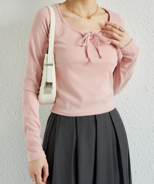 MAISON DE THERESE（メゾン ド テレーズ）の「紐ギャザー長袖Tシャツ ギャザーリボン　ガーリーリブカットソー（Tシャツ/カットソー・レディース・ベージュ/ピンク/ホワイト/グレー・S/M/L）」の6枚目の写真