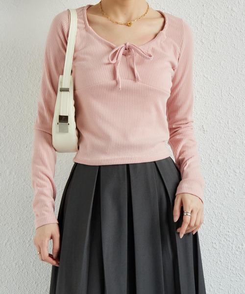 MAISON DE THERESE（メゾン ド テレーズ）の「紐ギャザー長袖Tシャツ ギャザーリボン　ガーリーリブカットソー（Tシャツ/カットソー・レディース・ベージュ/ピンク/ホワイト/グレー・S/M/L）」の7枚目の写真