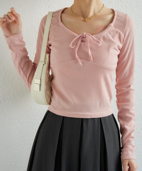 MAISON DE THERESE（メゾン ド テレーズ）の「紐ギャザー長袖Tシャツ ギャザーリボン　ガーリーリブカットソー（Tシャツ/カットソー・レディース・ベージュ/ピンク/ホワイト/グレー・S/M/L）」の8枚目の写真