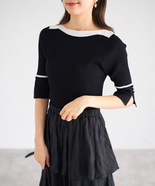 tocco closet（トッコ　クローゼット）の「【ZOZO限定】スリーブスリットバイカラーリブニットトップス（ニット/セーター・レディース・ベージュ/オフホワイト/ブルー/ブラック/ピンクベージュ・M）」の4枚目の写真