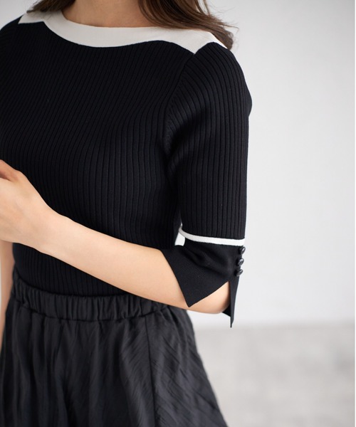 tocco closet（トッコ　クローゼット）の「【ZOZO限定】スリーブスリットバイカラーリブニットトップス（ニット/セーター・レディース・ベージュ/オフホワイト/ブルー/ブラック/ピンクベージュ・M）」の16枚目の写真