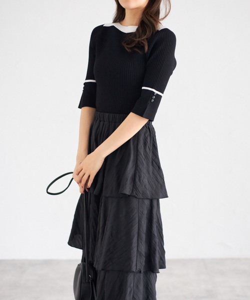 tocco closet（トッコ　クローゼット）の「【ZOZO限定】スリーブスリットバイカラーリブニットトップス（ニット/セーター・レディース・ベージュ/オフホワイト/ブルー/ブラック/ピンクベージュ・M）」の8枚目の写真