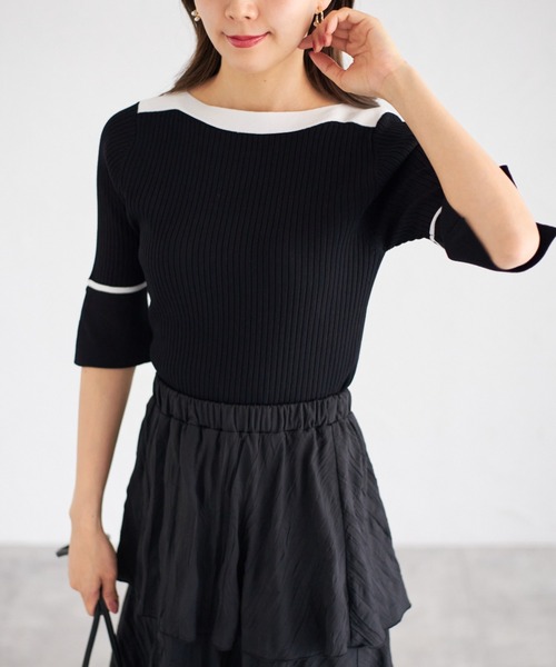 tocco closet（トッコ　クローゼット）の「【ZOZO限定】スリーブスリットバイカラーリブニットトップス（ニット/セーター・レディース・ベージュ/オフホワイト/ブルー/ブラック/ピンクベージュ・M）」の9枚目の写真