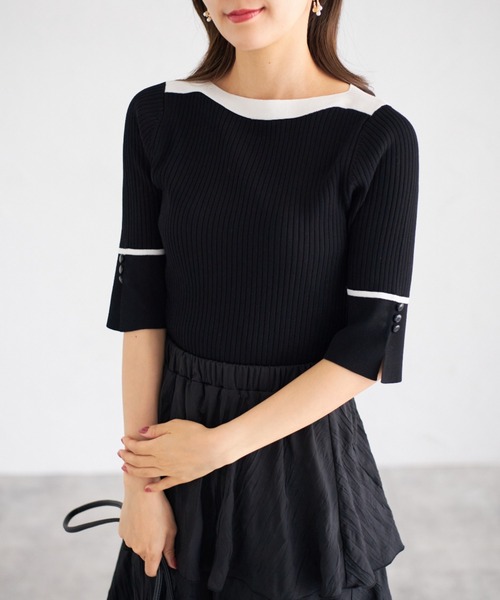 tocco closet（トッコ　クローゼット）の「【ZOZO限定】スリーブスリットバイカラーリブニットトップス（ニット/セーター・レディース・ベージュ/オフホワイト/ブルー/ブラック/ピンクベージュ・M）」の11枚目の写真