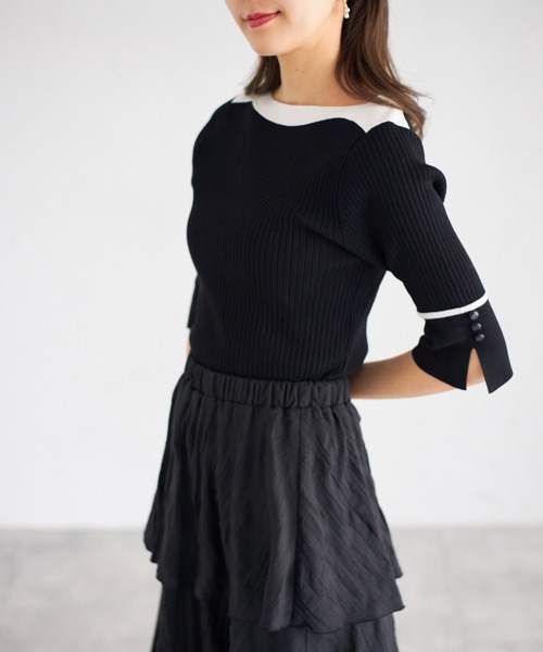 tocco closet（トッコ　クローゼット）の「【ZOZO限定】スリーブスリットバイカラーリブニットトップス（ニット/セーター・レディース・ベージュ/オフホワイト/ブルー/ブラック/ピンクベージュ・M）」の12枚目の写真