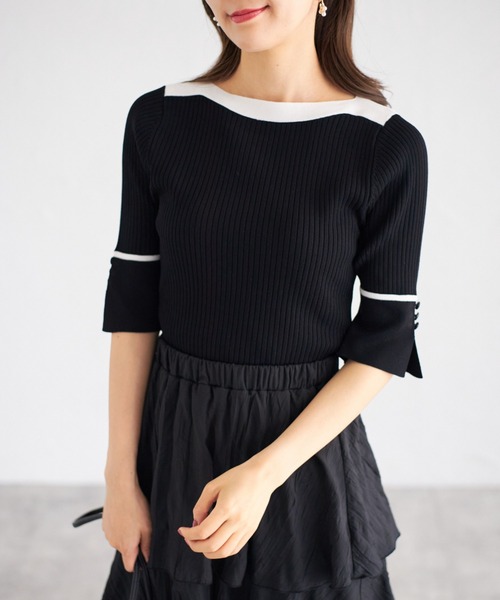 tocco closet（トッコ　クローゼット）の「【ZOZO限定】スリーブスリットバイカラーリブニットトップス（ニット/セーター・レディース・ベージュ/オフホワイト/ブルー/ブラック/ピンクベージュ・M）」の14枚目の写真