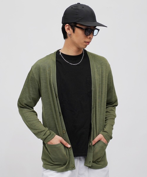 ACQUIESCE(アクイエス)の「春夏用サマーニット薄手カーディガン(Tシャツ/カットソー・メンズ・ブラック/カーキ/グレー/ターコイズブルー/ライトイエロー/ネイビー・MEDIUM/LARGE/X-LARGE)」の3枚目の写真