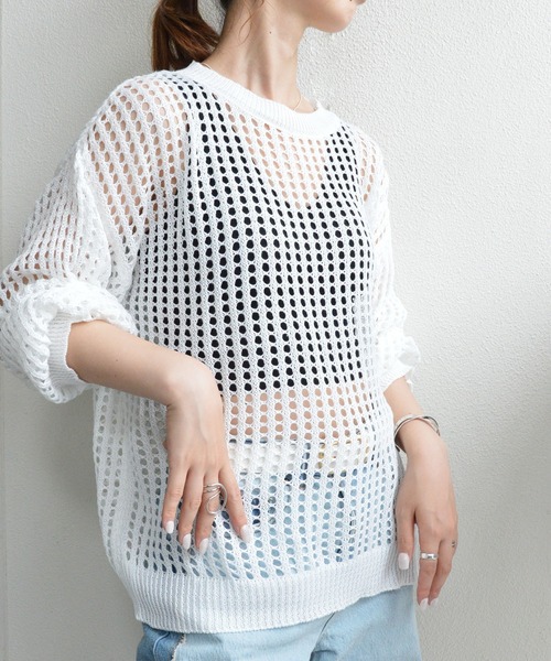 styiro(スタイロ)の「透かし編みニット メッシュプルオーバー(ニット/セーター・レディース・ブラック/ホワイト/グレー/カーキ・FREE)」の6枚目の写真