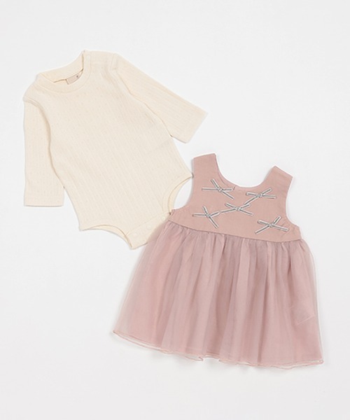 petit main（プティマイン）の「リボンつきチュールOPセット（セットアップ・キッズ・ライトグレー/ライトピンク/アイボリー・70cm/80ｃｍ）」の3枚目の写真