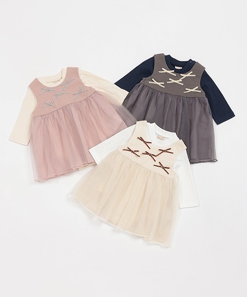 petit main（プティマイン）の「リボンつきチュールOPセット（セットアップ・キッズ・ライトグレー/ライトピンク/アイボリー・70cm/80ｃｍ）」の21枚目の写真