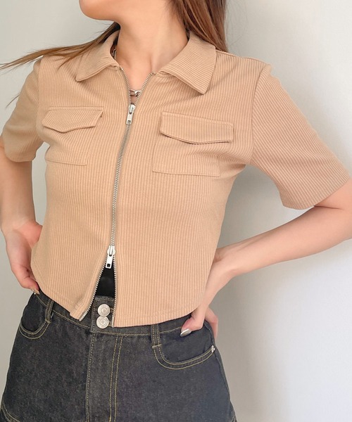 GORGE(ゴージ)の「《リブ素材×ZIPデザイン》レディース ショート丈 カーディガン ポケット付き 半袖 春夏秋(カーディガン/ボレロ・レディース・ブラック/オフホワイト/ベージュ/グレー・F)」の1枚目の写真