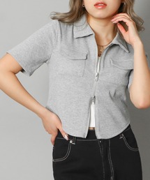 《リブ素材×ZIPデザイン》レディース ショート丈 カーディガン ポケット付き 半袖 春夏秋