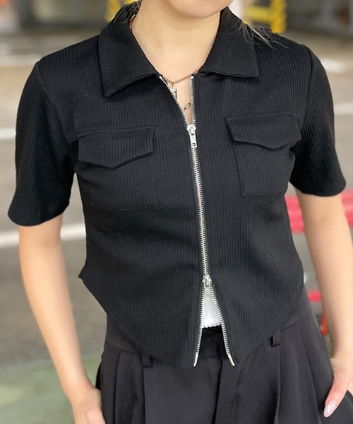 GORGE(ゴージ)の「《リブ素材×ZIPデザイン》レディース ショート丈 カーディガン ポケット付き 半袖 春夏秋(カーディガン/ボレロ・レディース・ブラック/オフホワイト/ベージュ/グレー・F)」の3枚目の写真