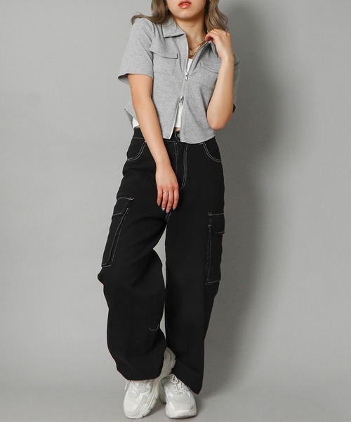 GORGE(ゴージ)の「《リブ素材×ZIPデザイン》レディース ショート丈 カーディガン ポケット付き 半袖 春夏秋(カーディガン/ボレロ・レディース・ブラック/オフホワイト/ベージュ/グレー・F)」の11枚目の写真