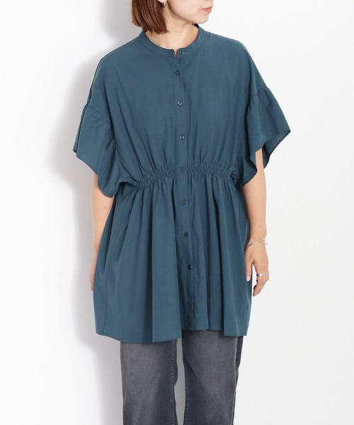 cepo（セポ）の「バンドカラーギャザーオーバーシャツ（シャツ/ブラウス・レディース・ブラック/オフホワイト/グリーン・M）」の3枚目の写真