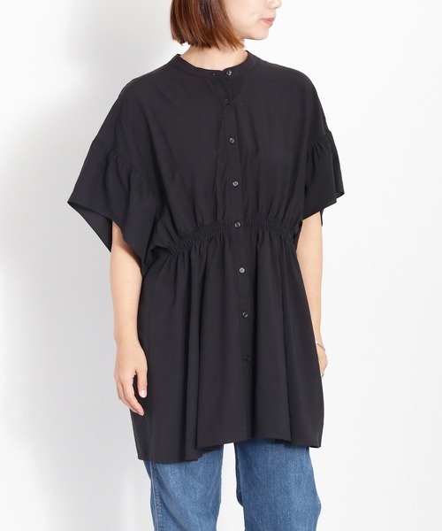 cepo（セポ）の「バンドカラーギャザーオーバーシャツ（シャツ/ブラウス・レディース・ブラック/オフホワイト/グリーン・M）」の2枚目の写真