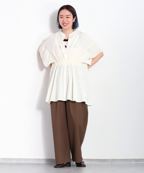 cepo（セポ）の「バンドカラーギャザーオーバーシャツ（シャツ/ブラウス・レディース・ブラック/オフホワイト/グリーン・M）」の14枚目の写真