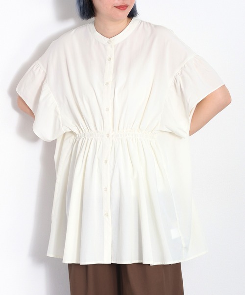 cepo（セポ）の「バンドカラーギャザーオーバーシャツ（シャツ/ブラウス・レディース・ブラック/オフホワイト/グリーン・M）」の4枚目の写真