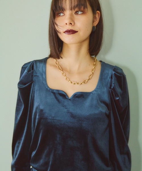 ELLEgirl（エルガール）の「配色ベロアパフスリーブトップス（Tシャツ/カットソー・レディース・ネイビー/ピンク・FREE）」の6枚目の写真