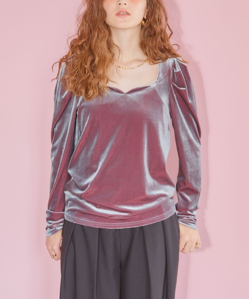 ELLEgirl（エルガール）の「配色ベロアパフスリーブトップス（Tシャツ/カットソー・レディース・ネイビー/ピンク・FREE）」の12枚目の写真