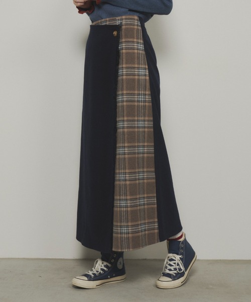 【美品】　ユニテージ　チェックコンビラップスカート Recommend item. ▪️チェックコンビラップスカート ORG.NVY