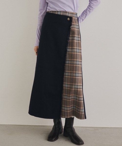 Unitage（ユニテージ）の「チェックコンビラップスカート（スカート・レディース・オレンジ/ブルー/ダークブラウン/ネイビー・FREE）」の13枚目の写真