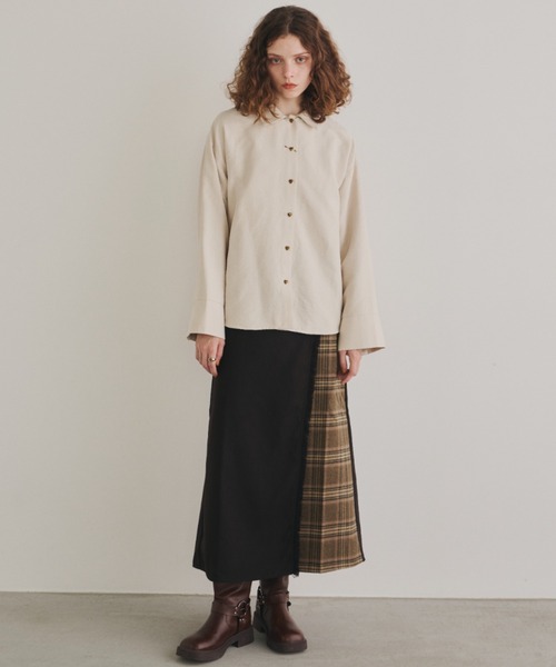 Unitage（ユニテージ）の「チェックコンビラップスカート（スカート・レディース・オレンジ/ブルー/ダークブラウン/ネイビー・FREE）」の6枚目の写真