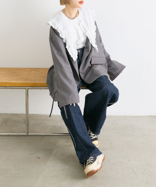 w closet(ダブルクローゼット)の「レースBIG衿ブラウス(シャツ/ブラウス・レディース・ブラック/オフホワイト・FREE)」の9枚目の写真