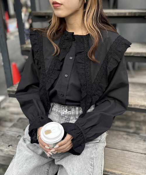 w closet(ダブルクローゼット)の「レースBIG衿ブラウス(シャツ/ブラウス・レディース・ブラック/オフホワイト・FREE)」の10枚目の写真