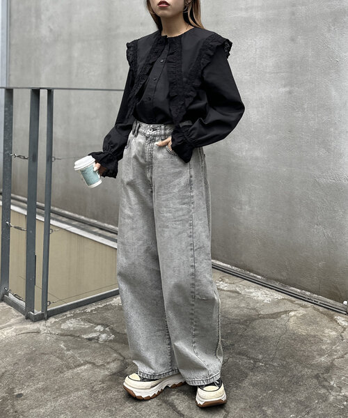 w closet(ダブルクローゼット)の「レースBIG衿ブラウス(シャツ/ブラウス・レディース・ブラック/オフホワイト・FREE)」の14枚目の写真