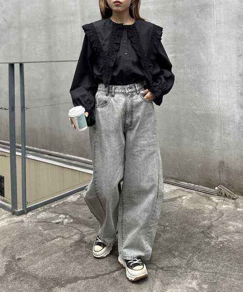 w closet(ダブルクローゼット)の「レースBIG衿ブラウス(シャツ/ブラウス・レディース・ブラック/オフホワイト・FREE)」の16枚目の写真