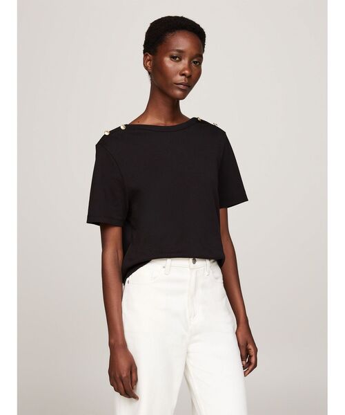 tシャツ ゴールドボタンクルーネックトップス レディース セール】ゴールドボタンクルーネックトップス（Tシャツ