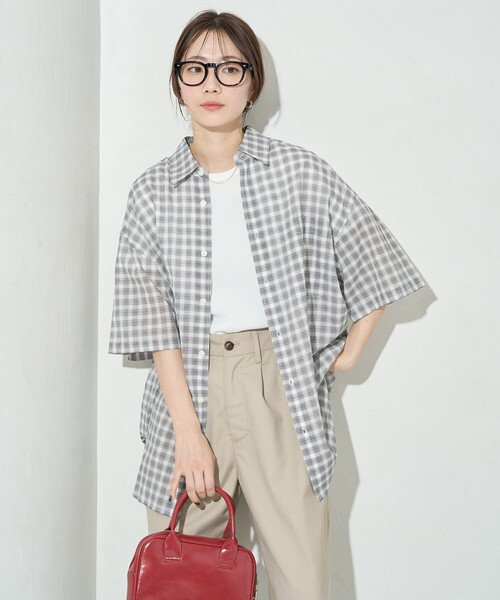 FREAK'S STORE（フリークスストア）の「限定展開　シアー チェック 半袖 シャツ（シャツ/ブラウス・レディース・オフホワイト/ブラック/サックスブルー/ネイビー・ﾌﾘ-）」の15枚目の写真