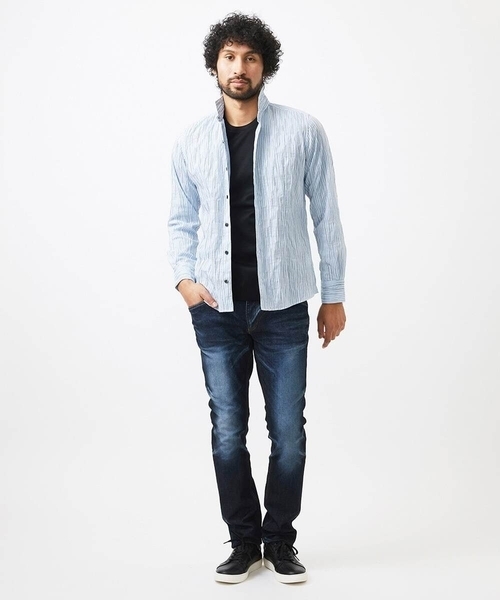 MICHEL KLEIN HOMME (ミッシェルクランオム)の「ストライプタックスタンドカラー長袖シャツ(シャツ/ブラウス・メンズ・ホワイト/ライトブルー/ブラック・MEDIUM/LARGE/X-LARGE)」の4枚目の写真