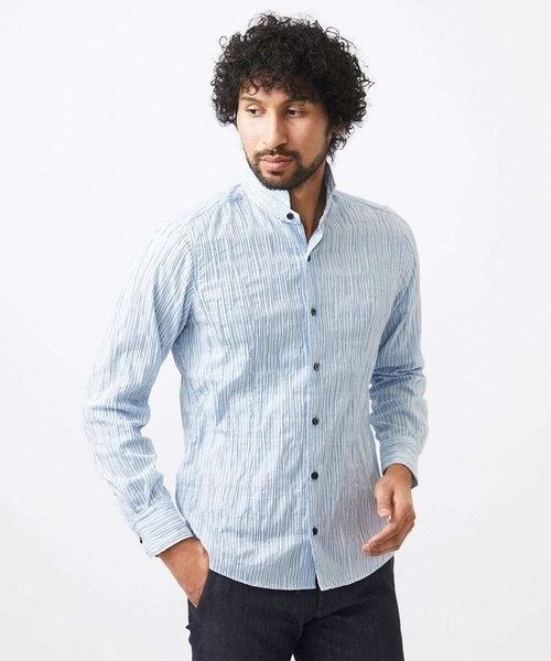 MICHEL KLEIN HOMME (ミッシェルクランオム)の「ストライプタックスタンドカラー長袖シャツ(シャツ/ブラウス・メンズ・ホワイト/ライトブルー/ブラック・MEDIUM/LARGE/X-LARGE)」の5枚目の写真