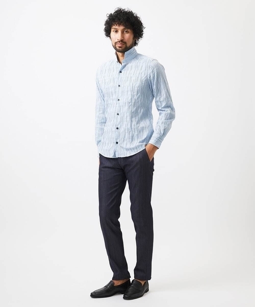 MICHEL KLEIN HOMME (ミッシェルクランオム)の「ストライプタックスタンドカラー長袖シャツ(シャツ/ブラウス・メンズ・ホワイト/ライトブルー/ブラック・MEDIUM/LARGE/X-LARGE)」の6枚目の写真
