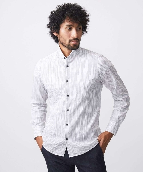 MICHEL KLEIN HOMME (ミッシェルクランオム)の「ストライプタックスタンドカラー長袖シャツ(シャツ/ブラウス・メンズ・ホワイト/ライトブルー/ブラック・MEDIUM/LARGE/X-LARGE)」の8枚目の写真