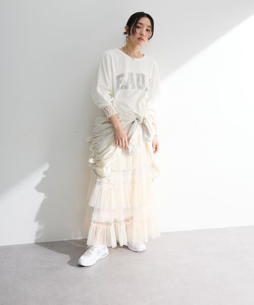 Green Parks(グリーンパークス)の「7分袖ミニ裏毛ドルマンロゴプルオーバー(Tシャツ/カットソー・レディース・ネイビー/イエロー/オフホワイト/杢グレー・FREE)」の12枚目の写真