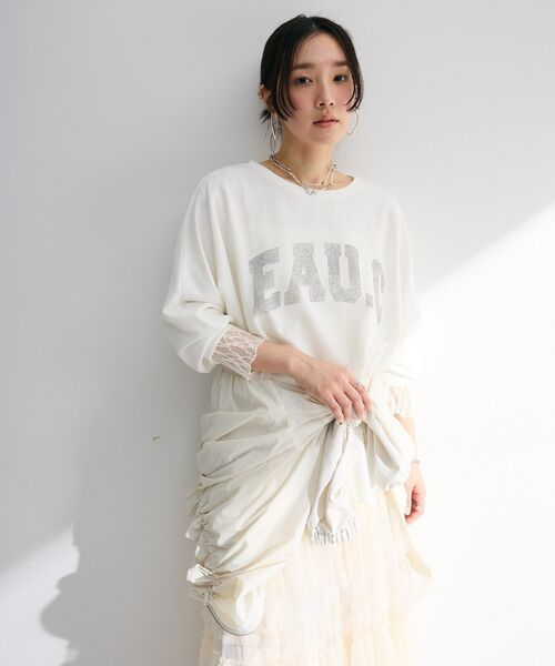 Green Parks(グリーンパークス)の「7分袖ミニ裏毛ドルマンロゴプルオーバー(Tシャツ/カットソー・レディース・ネイビー/イエロー/オフホワイト/杢グレー・FREE)」の13枚目の写真