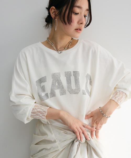 Green Parks(グリーンパークス)の「7分袖ミニ裏毛ドルマンロゴプルオーバー(Tシャツ/カットソー・レディース・ネイビー/イエロー/オフホワイト/杢グレー・FREE)」の2枚目の写真