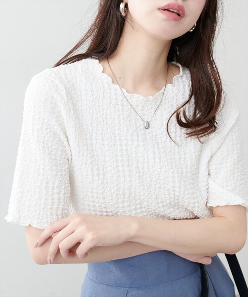natural couture(ナチュラルクチュール)の「スモッキングポコポコジャガードショートT(Tシャツ/カットソー・レディース・ミント/モカ/イエロー/ブラック/オフホワイト・FREE)」の6枚目の写真
