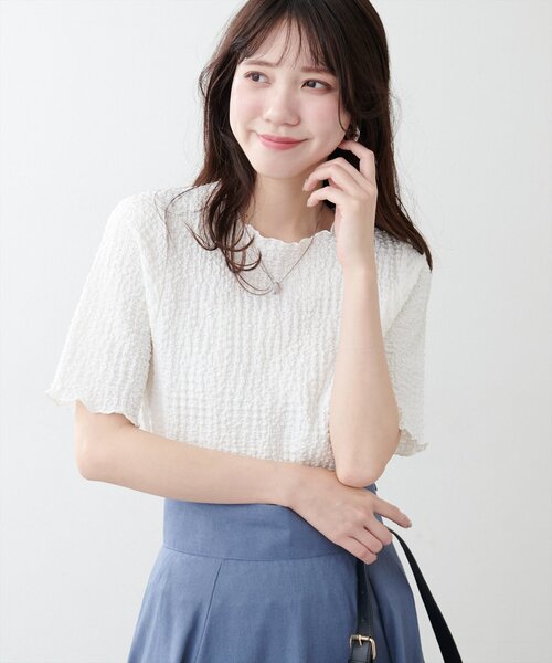 natural couture(ナチュラルクチュール)の「スモッキングポコポコジャガードショートT(Tシャツ/カットソー・レディース・ミント/モカ/イエロー/ブラック/オフホワイト・FREE)」の7枚目の写真