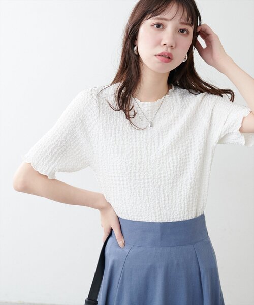 natural couture(ナチュラルクチュール)の「スモッキングポコポコジャガードショートT(Tシャツ/カットソー・レディース・ミント/モカ/イエロー/ブラック/オフホワイト・FREE)」の8枚目の写真