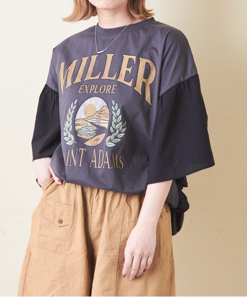 CUBE SUGAR（キューブシュガー）の「26/-天竺×布帛袖フリルビッグTシャツ（Tシャツ/カットソー・レディース・スミクロ/グリーン/ベージュ/ホワイト/マルチ・M）」の3枚目の写真