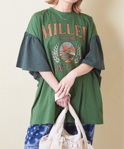 CUBE SUGAR（キューブシュガー）の「26/-天竺×布帛袖フリルビッグTシャツ（Tシャツ/カットソー・レディース・スミクロ/グリーン/ベージュ/ホワイト/マルチ・M）」の4枚目の写真